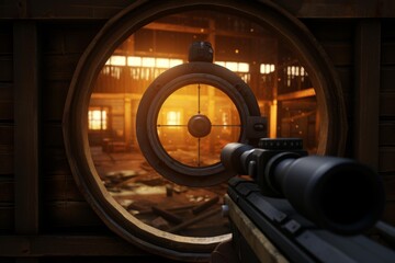 First person view of a sniper rifle targeting an abandoned warehouse at sunset