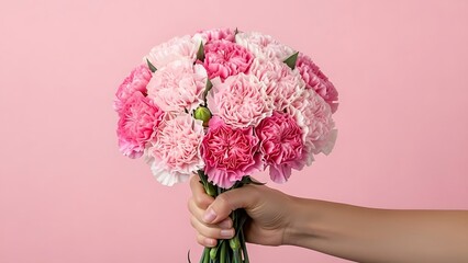 Hand holding a bouquet of pink carnations