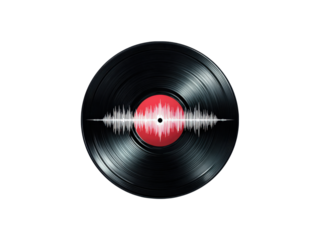 Black vinyl record with red center and white sound wave music audio, Isolated, Png Transparent Background