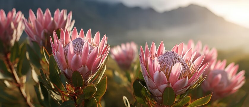 A close-up of vibrant pink protea flowers against a picturesque backdrop of mountains and soft sunlight.