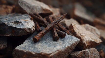 Fototapeta premium Rusty rebar and nails lie scattered among rough textured stones evoking a sense of industrial decay and vintage ruggedness