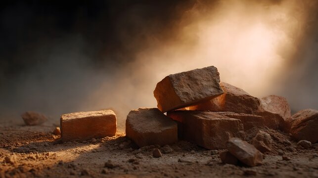 Pile of broken red bricks scattered on dusty ground with dramatic light and smoke