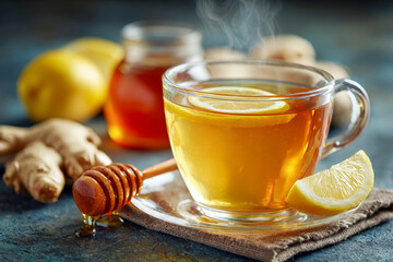 Hot tea with honey, lemon slice and fresh ginger in a glass cup with steam. Cozy natural wellness drink for cold days, immunity support and relaxation, rustic still life on dark background.