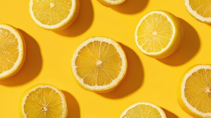 Fototapeta premium Bright pattern of fresh lemon halves on a vibrant yellow background, juicy citrus slices with natural texture and shadows, minimal food concept, summer freshness and vitamin rich fruit