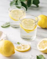 Glass of fresh lemon water with whole and sliced lemons on cool blue background, healthy hydration drink, detox concept, vitamin refreshment, clean minimal still life for wellness and lifestyle themes