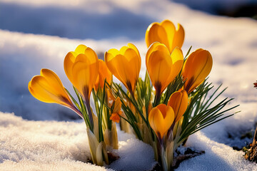 Gelb Bl&uuml;hende Krokusse im Schnee