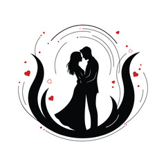 Romantic Couple Silhouette Embracing with Red Hearts - Wedding and Valentine's Day Concept