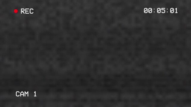CCTV recording screen noise effect overlay on black background. 4K