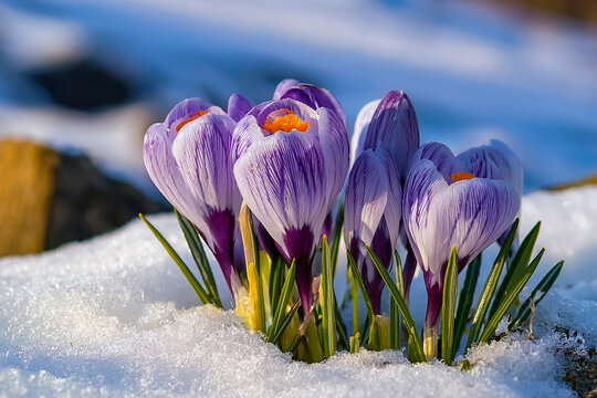 violett bl&uuml;hende Krokusse im Schnee