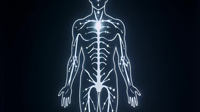 Human body energy flow through meridians on dark background