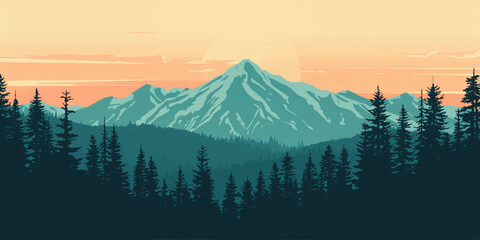 A breathtaking winter mountain landscape featuring snow-capped peaks and an icy glacier reflecting the sunset sky over a forest in the Alaskan wilderness © mahabubmorshed