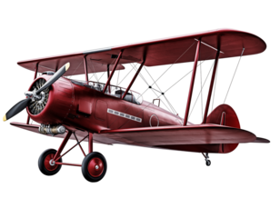 Vintage biplane aircraft with red paint and black background