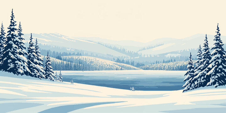 A serene winter forest landscape features frost-covered fir trees under a bright blue sky with snowy mountains and frozen ice glistening in the cold morning sun