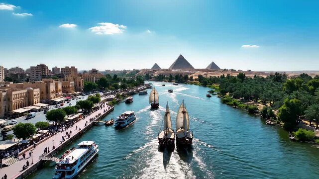 Aerial view of nile river cruise with feluccas and pyramids in the background near cairo, egypt, 4k