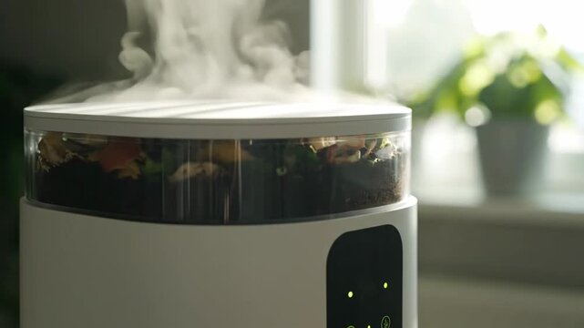 Electric composter with food waste indoors, composting kitchen appliance.