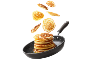 Golden pancakes flipping cooking breakfast delicious food frying, Isolated, Png Transparent Background