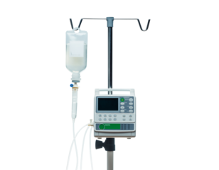 Medical iv infusion pump with a hanging iv bag on a stand