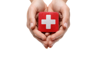 Hands holding red medical cross symbol white, Isolated, Png Transparent Background