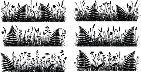 Set of black silhouette meadow grass borders with fern leaves and wild flowers, nature field background, cad drawing flat vector illustration © Hello World
