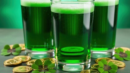 Three glasses of green beer with shamrocks and gold coins. St. Patricks Day celebration with festive drink. Irish holiday tradition and luck concept.
