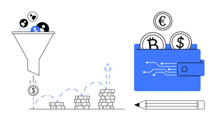 Obraz premium Financial services, investment growth, cryptocurrency, digital wallets, business analytics, currency savings. Funnel filtering leads into coins, digital wallet with currency icons. Investment growth