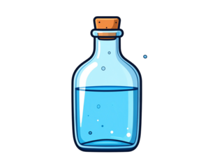 A pixel art illustration of a glass bottle filled with a blue liquid