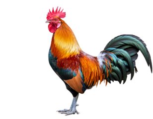Vibrant rooster standing against a dark background