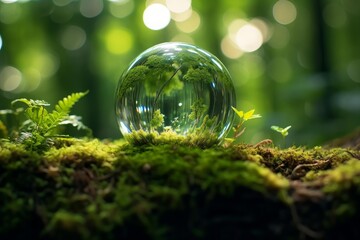 Glass sphere capturing an inverted reflection of a lush green forest landscape on moss