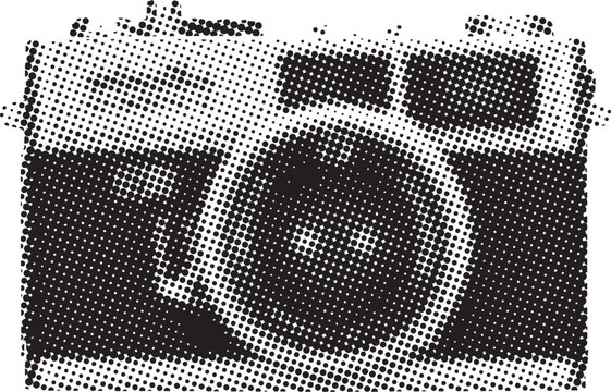 Vintage rangefinder camera illustration presented in a stark black and white halftone dot pattern graphic style