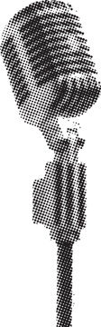 Vintage silver broadcasting microphone mounted on a stand depicted in a stylized black and white halftone graphic