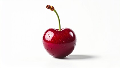 Single glossy cherry with stem and water droplets on white background