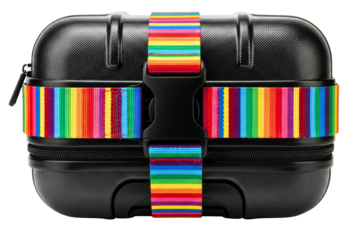 Black hard shell suitcase wrapped with rainbow colored luggage strap on a transparent background