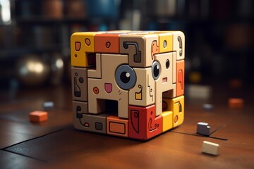 Block cube puzzle with abstract faces creating a playful character on a wooden table