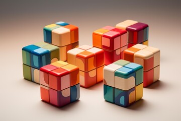 Obraz premium Wooden blocks with varied colored segments forming a modern geometric pattern