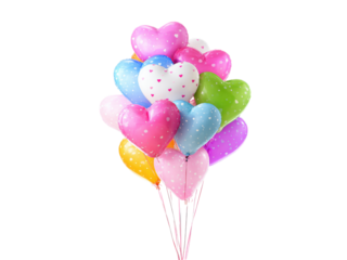Colorful heart shaped balloons floating together with white polka dots pink blue, Isolated, Png Transparent Background