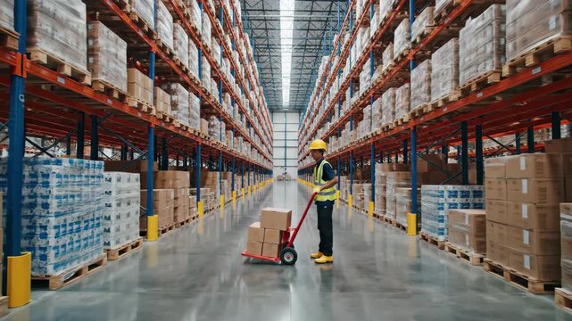 Warehouse worker moving boxes on hand truck between tall shelves of palletized inventory, 4k