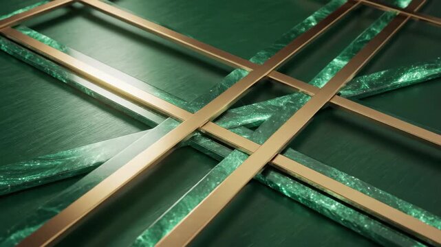 Abstract composition of intersecting gold bars and green marble fragments on a dark green textured surface, 4k