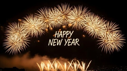 Bright gold explosion of new year fireworks celebrating a happy holiday night