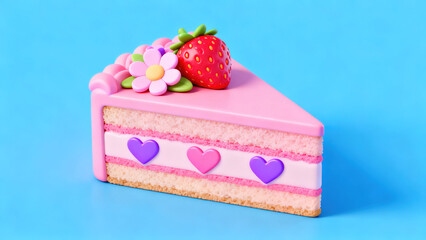 Pink Cartoon-Style Cake Slice Decorated with Strawberry and Heart Shapes