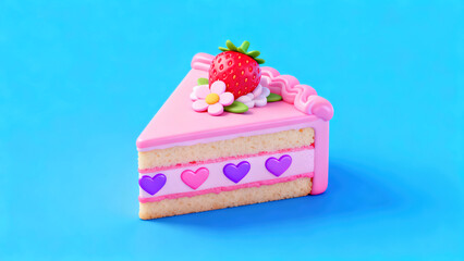Pink Cartoon-Style Cake Slice Decorated with Strawberry and Heart Shapes