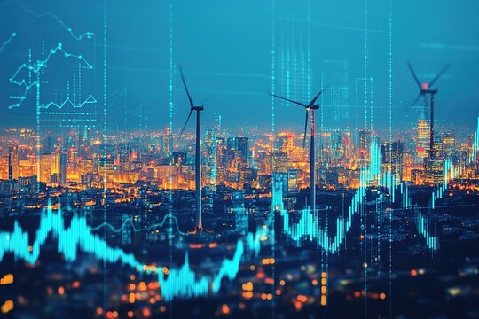 This vibrant digital landscape depicts advanced analytics for green energy and stock market trends, featuring wind turbines and upward trending graphs, signaling growth in sustainability. - Powered by Adobe