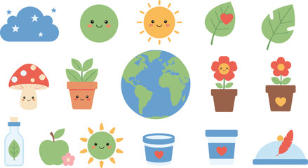 Cute kawaii nature icons collection featuring a happy earth sun clouds mushroom and potted plants for environmental awareness and children nursery decor design.