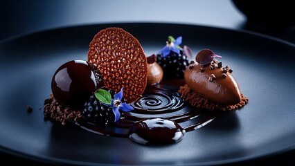 Dark gourmet chocolate dessert artfully plated, moody blue and black color palette, shadows creating drama, professional food styling, luxury gourmet presentation, rich textures visible