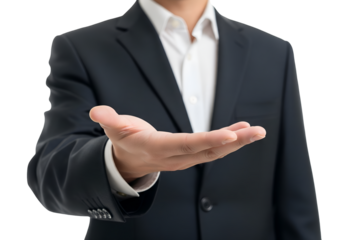 Businessman with empty hand. Business hand a palm up gesture on a background. Businessman showing empty hand and presenting with hand empty on transparent background 