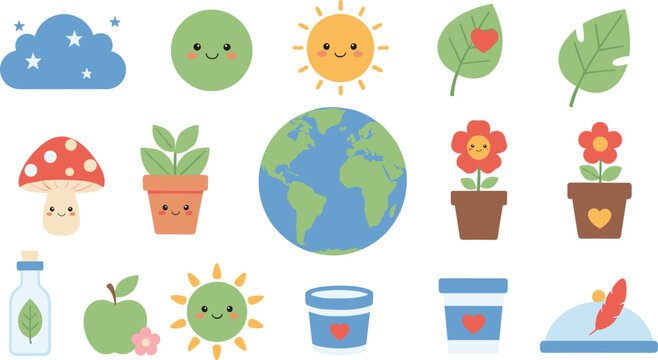 Cute kawaii nature icons collection featuring a happy earth sun clouds mushroom and potted plants for environmental awareness and children nursery decor design.