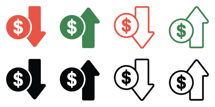Cost Increase and Decrease Icon Set illustrating profit and loss signs, dollar rising and falling icons, investment and savings symbols for business, finance, and vector design.