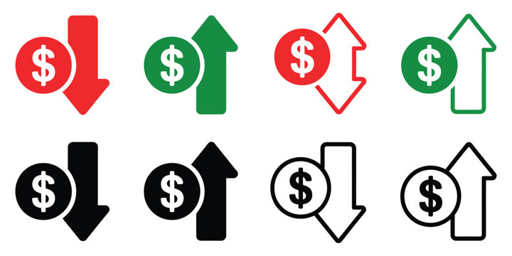 Cost Increase and Decrease Icon Set illustrating profit and loss signs, dollar rising and falling icons, investment and savings symbols for business, finance, and vector design.