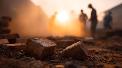Fototapeta premium Golden sunset hues illuminate a dusty construction site featuring scattered rough bricks in the foreground and silhouetted workers toiling