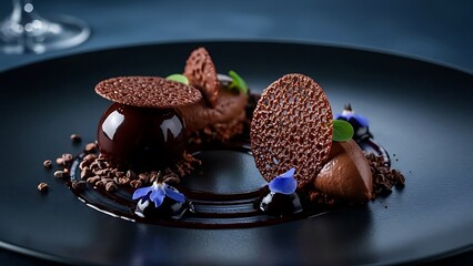 Dark gourmet chocolate dessert artfully plated, moody blue and black color palette, shadows creating drama, professional food styling, luxury gourmet presentation, rich textures visible