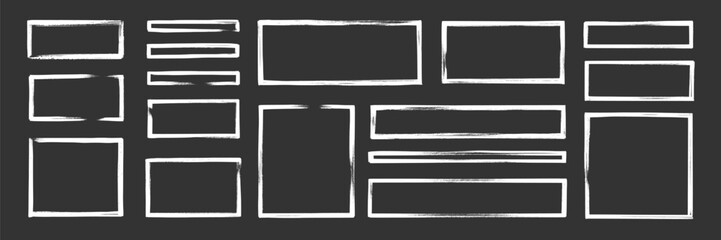 Frame brush rectangle set. Frame rectangle border brush stroke with chalk rough line and square shape. Hand drawn doodle pencil texture sketch outline border on blackboard. Vector illustration